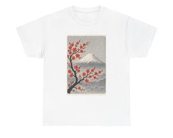 Camiseta gráfica con pintura del Monte Fuji, Top con paisaje de cerezos en flor de Japón