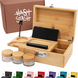 May include: A bamboo stash box with a combination lock, a rolling tray, and a compartment for a phone. Includes three glass jars with bamboo lids, a black poker, and a brown box with the text "HASH STASH".
