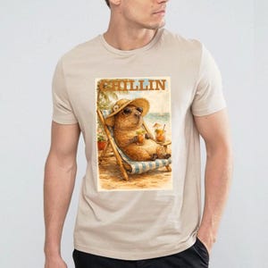 Sand-colored T-shirt with Vintage Capybara on the Beach, Summer Vibes