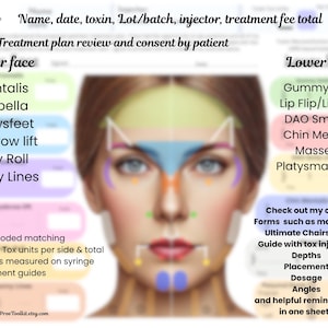 Könnte beinhalten: Aesthetic Pros Toolkit-Blatt mit einer farbcodierten Gesichtsdarstellung für kosmetische Behandlungen. Das Blatt enthält Abschnitte für Behandlungen des oberen und unteren Gesichts, mit Details zu Frontalis, Gummy Smile und anderen Verfahren. Der Text enthält "Treatment plan review and consent by patient."