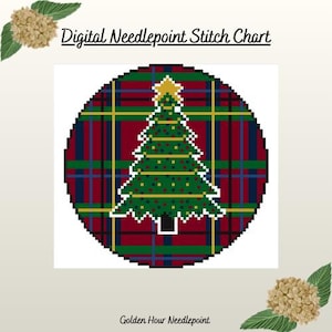 May include: Digital needlepoint stitch chart featuring a Christmas tree design. The tree is green with red and gold accents, set against a plaid background of red, blue, and yellow. The text "Digital Needlepoint Stitch Chart" and "Golden Hour Needlepoint" are also visible.