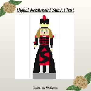 May include: Digital needlepoint stitch chart featuring a pixelated illustration of a figure in a black and red outfit, wearing a crown. The text "Digital Needlepoint Stitch Chart" is above the figure, and "Golden Hour Needlepoint" is below.