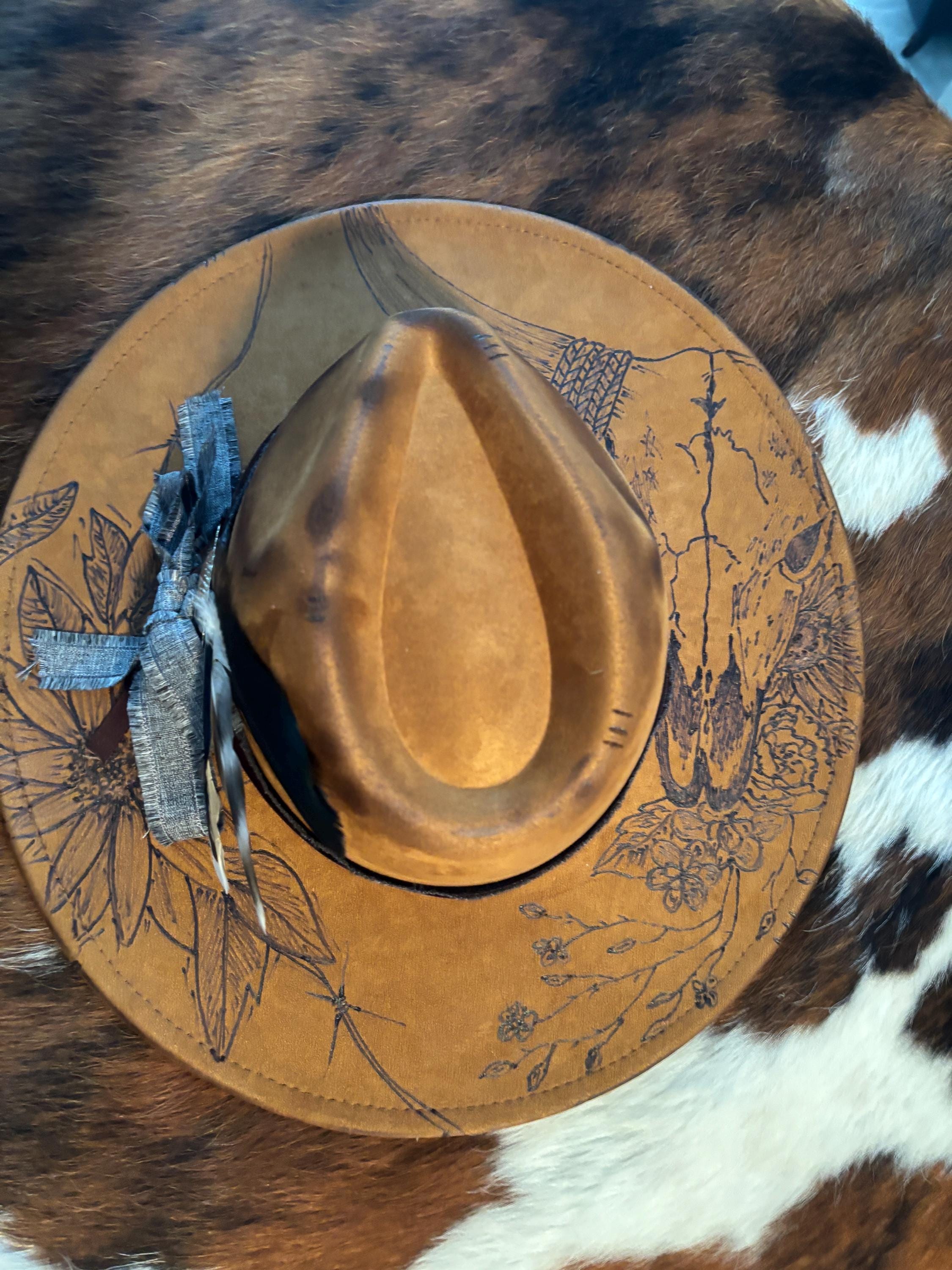 Olive Western Hat with Feather and burned Barbwire Vegan suede cowboy distressed with barbed wire main image 2