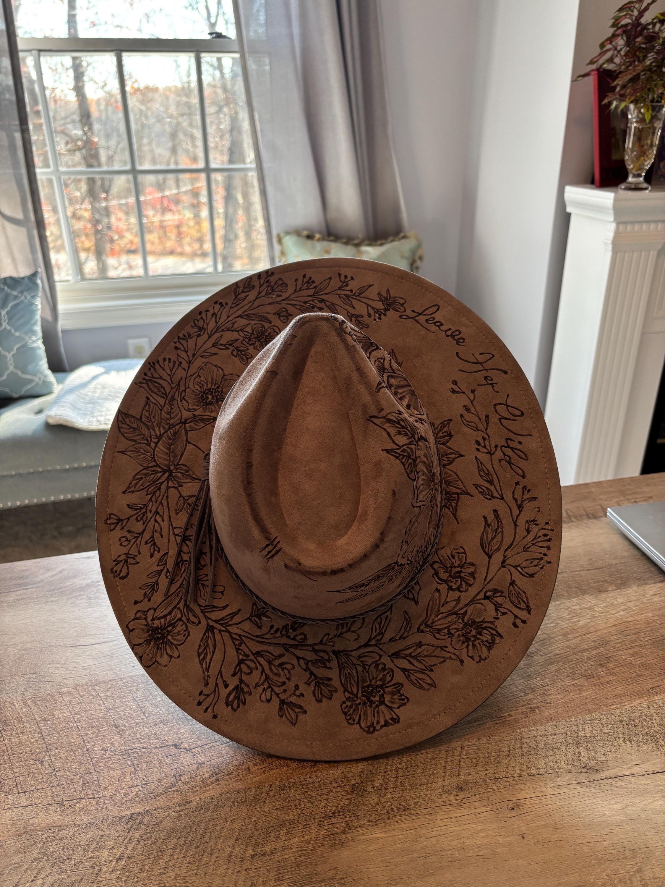 Custom Handmade Magnolia Hand Burned Pale Blue Wide Brim Hat W Macrame Hanger Black Floral Suede Burned Hat with Turquoise Lacing  main image 3
