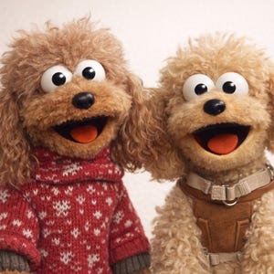 May include: Two plush dog puppets with large eyes and open mouths. One dog wears a red sweater with a white snowflake pattern. The other dog has a brown harness. Both have brown fur and black noses.