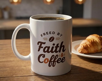 Può includere: Tazza da caffè in ceramica bianca piena di caffè scuro, con la scritta "FREED BY Faith & Coffee" in marrone. Un croissant è su un piatto bianco accanto alla tazza su un tavolo di legno.
