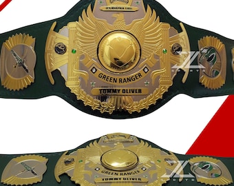Green Ranger Championship Belt – Morphins Replica Brass Title, Adult Size Tommy Olivers Cosplay & Collector Display Piece