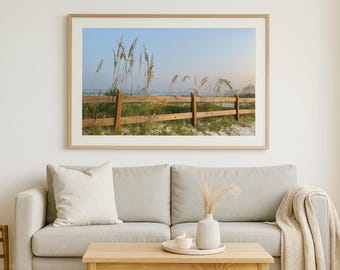 Coastal Sea Oats Print: Beach Scene with Rustic Fence