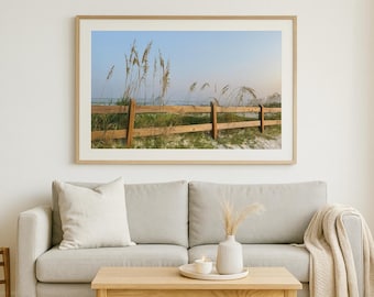 Coastal Sea Oats Print: Beach Scene with Rustic Fence