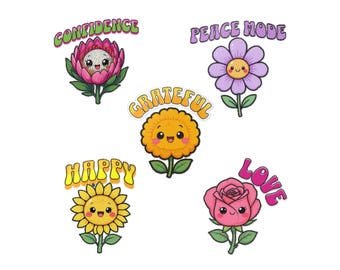 Positive Flower Character Stickers | Happy Floral Die-Cut Sheet (DTF Print)