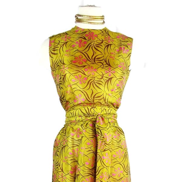 Vintage LANVIN 60s SILK CHINOISERIE Asian Art Design Dress Gold Floral Full Length Matching Sash Sz 4-6