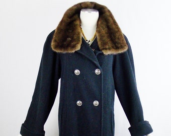 NINA RICCI Long Wool  COAT  with Huge Mink Collar Designer Vintage Size Med Navy Blue Streetfashion Winter Coat Designer