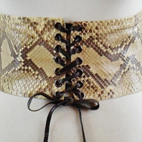Vintage YVES SAINT LAURENT 70s Wide Snake Skin Corset Belt With Leather Ties Size Small /Med