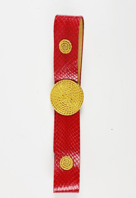 Vintage 80s SNAKESKIN RED LEATHER Belt With Gold … - image 2