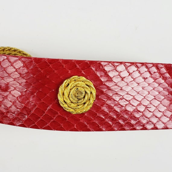 Vintage 80s SNAKESKIN RED LEATHER Belt With Gold … - image 4