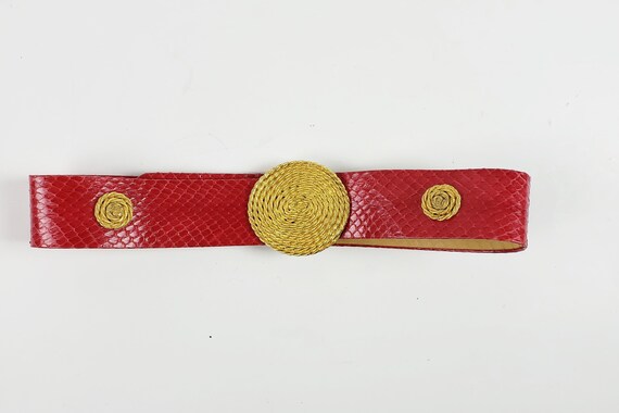 Vintage 80s SNAKESKIN RED LEATHER Belt With Gold … - image 1