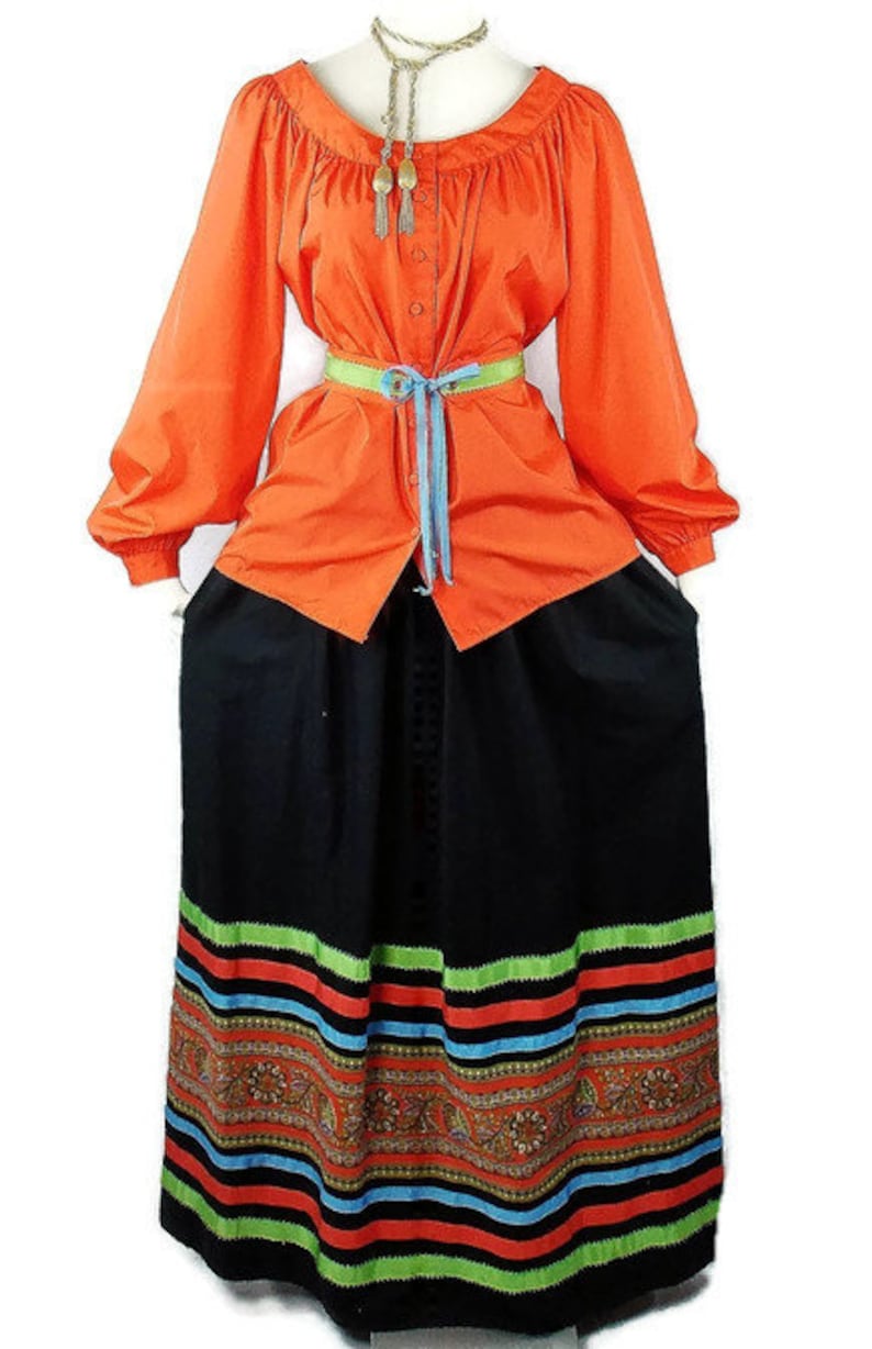 VICTOR COSTA PEASANT Blouse and Skirt Boho Set With Corset Matching Belt Maxi Skirt Ysl Inspired Hippie Chic Med