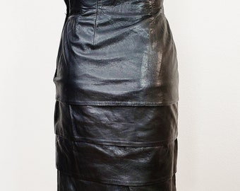 Vintage Designer  High Waist Black Leather Tiered Body con Skirt Size M