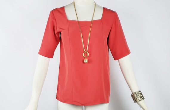 Yves Saint Laurent Sz 36 Red Orange Blouse Square… - image 1