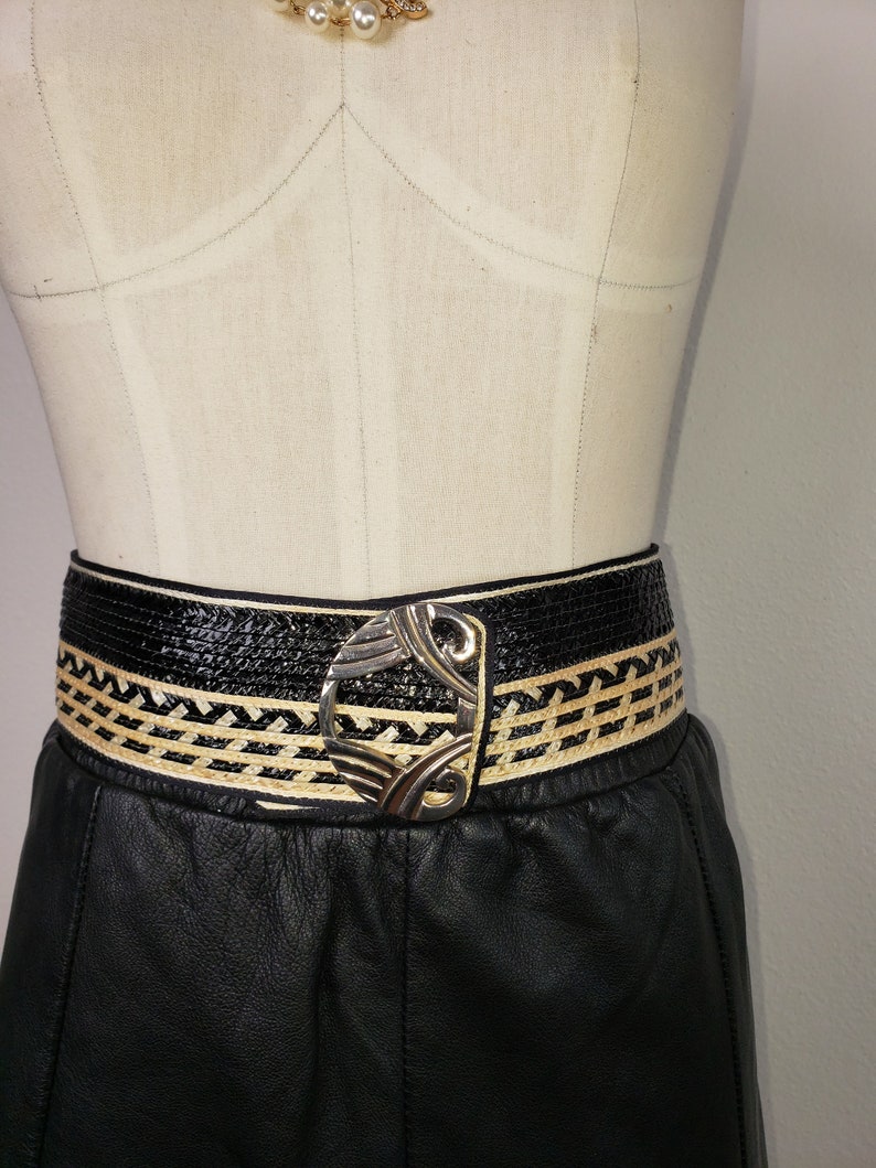 Vintage Ungaro Paris Wide Raffa and Leather Belt Metal Buckle Soft leather lining sz 70 image 1