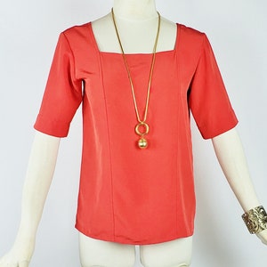 Yves Saint Laurent Sz 36 Red Orange Blouse Square Collar Vintage 80s image 2