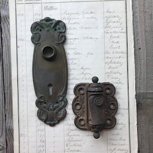 Antique Art Nouveau Brass Backplate & Cast Iron Hinge Set