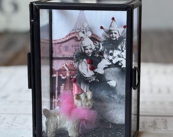 Handmade Circus Clowns Box Assemblage Collage Diorama Shadowbox