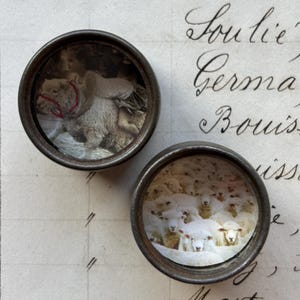 Könnte beinhalten: Zwei kleine, runde, antike Metallmedaillons. Eines zeigt ein Schaf mit rotem Geschirr, das andere eine Schafherde. Die Medaillons sind vor dem Hintergrund von gealtertem Papier mit handschriftlicher Schrift platziert.