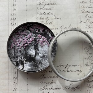 May include: A round, silver-toned container with a black and white image of a path with people walking under a tree with pink flowers. The container is open, with a clear, circular magnifying glass next to it. The background is a handwritten document.