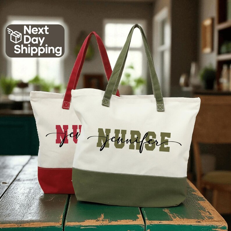 two tote bags with personalized names printed on them, placed on a wooden surface.