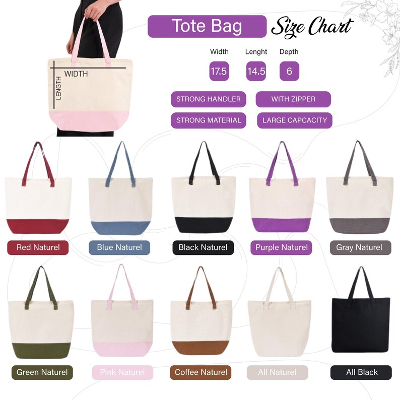 a size chart for a tote bag, showing various color options and their corresponding dimensions.