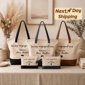 Personalized Engaged Era Bride Bag Set Gift, For Future Mrs Engagement Celebration, Wedding Planning Tote And Matching Pouch With Name
