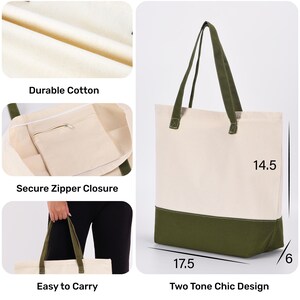 The image is a collage of three photos depicting a beige and green tote bag with various features and measurements.