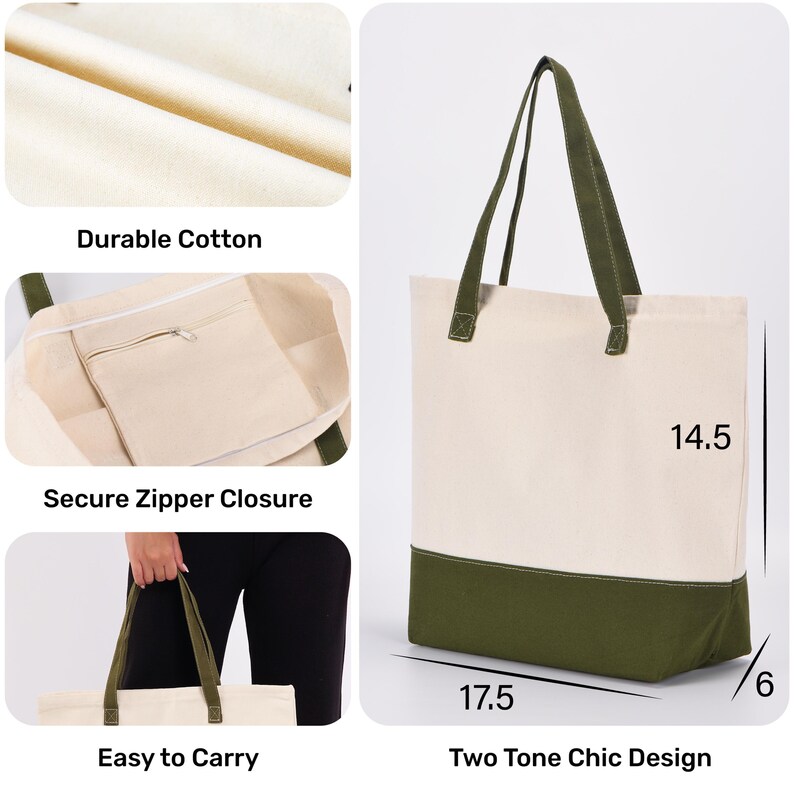 The image is a collage of three photos depicting a beige and green tote bag with various features and measurements.
