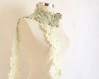 Scarf, green white Necklace,collar, cowl ,capelet ,collar ,long shawl , scarves ,stole,handmade,crochet,gift for her,necklace,warm