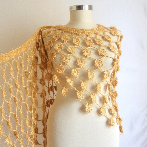 Shawl capulus lacte Caramel Daisy Pansy Flower Shawl (orginal shiny  rope) floral flower crochet mother caramel yellow warm wrap collar cowl