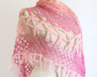 Handmade Crochet  White-Pink Shawl- woman shawl- cotton shawl -handmade scarves- accessories -wraps- wedding- free shipping