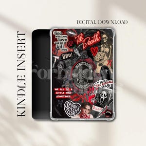 May include: Kindle insert with a collage design featuring the text "Til Death", a skeleton, a heart, and other spooky graphics. The design includes the words "BOO!", "Enemies to Lovers", and "Spooky Bitch Club". The words "Digital Download" are also visible.