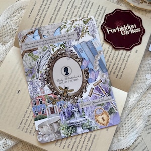 May include: A decorative card with a vintage aesthetic, featuring a central oval frame with a silhouette and the text "Lady Whistledown's Society Papers." The card includes illustrations of butterflies, bees, and floral elements, with the text "Dearest Gentle Reader."