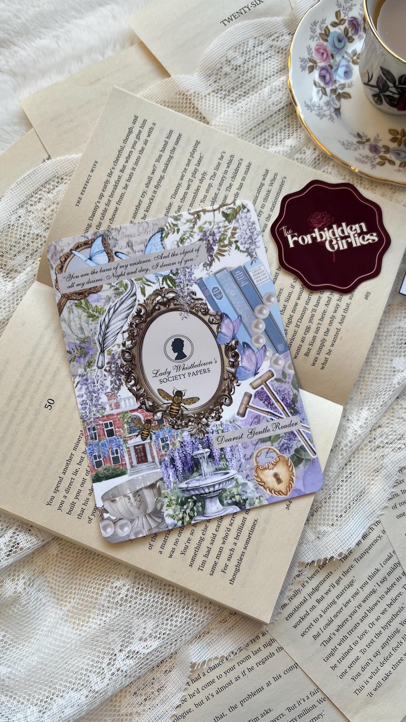 May include: A decorative card with a vintage aesthetic, featuring a central oval frame with a silhouette and the text "Lady Whistledown's Society Papers." The card includes illustrations of butterflies, bees, and floral elements, with the text "Dearest Gentle Reader."