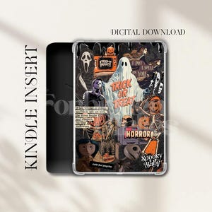 May include: Kindle insert with a Halloween-themed collage. The design features a ghost, pumpkins, and horror movie characters. Text includes "Trick or Treat", "Horror", and "Spooky Babe". The words "Digital Download" are also visible.