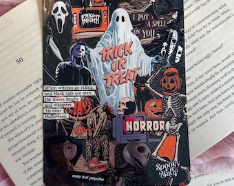 May include: A square sticker featuring a collage of horror movie characters and Halloween imagery, including a ghost, pumpkins, and text such as Trick or Treat, Fright Night, I Put A Spell On You, Horror, and Spooky Babe, set against a dark background.