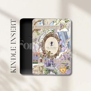 May include: A Kindle Insert case featuring a vintage design with butterflies, flowers, and a framed silhouette. The case includes the text "Lady Whistledown's Society Papers" and a quote. The design incorporates a fountain, books, and a lock.