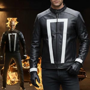 May include: Black leather jacket with a white vertical stripe design. The jacket has a stand-up collar and a zipper closure. The image also shows black gloves and black pants. The jacket is inspired by a comic book character.