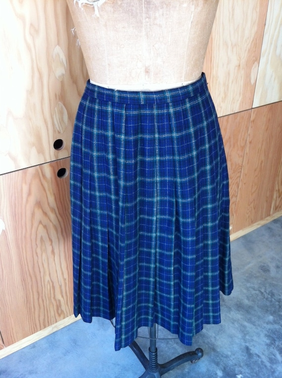 blue and green plaid pleated skirt