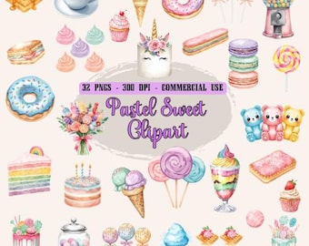 Pastel Sweets Clipart: Watercolor Candy Illustrations (Digital Download)