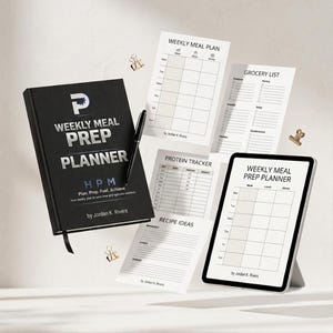 Può includere: Un libro nero Weekly Meal Prep Planner di Jordan K. Rivers con una penna nera, insieme a fogli di carta bianchi fluttuanti per un piano pasti settimanale, lista della spesa, tracker proteico e idee per ricette, più un tablet.