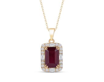 14K Gold Lab Grown Ruby Necklace: Emerald Cut Sterling Silver Pendant