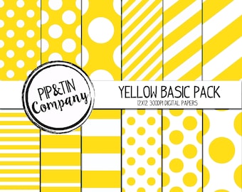 Yellow Digital Paper Pack, Yellow and White Scrapbook Paper, Instant Download,  Polka Dots Stripes