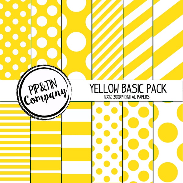 Yellow Digital Paper Pack, Yellow and White Scrapbook Paper, Instant Download,  Polka Dots Stripes